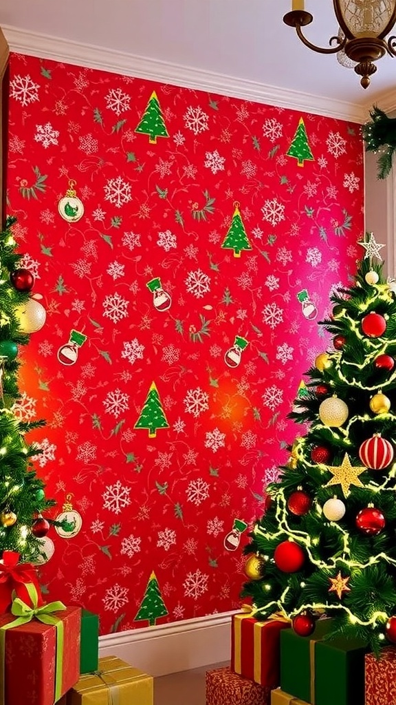 A wall with festive Christmas wallpaper showcasing snowflakes and Christmas trees, decorated for the holiday season.
